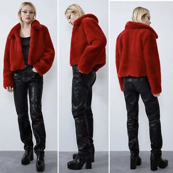Zara Jackets & Blazers - ZARA Red Short Faux Fur Jacket Lapel Colla…